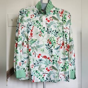 Womens Holiday Botanical Print Long-Sleeve Shirt - Green/Red